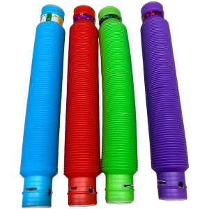 Four stretchable tubes in blue, red, green, and purple, featuring a logo on the top of each.