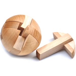 A wooden Puzzle Magic Ball displayed alongside a separate wooden piece, both in natural wood tones.