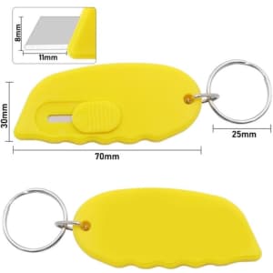 A yellow mini blade with a keyring attachment, featuring a retractable blade design.