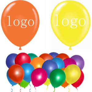 A collection of multicoloured balloons, including orange and yellow, featuring logos.