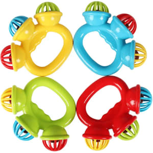 A set of four hand bells in yellow, blue, green, and red, featuring a textured grip and colorful ball ends.