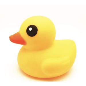 A yellow rubber duck features a round body, prominent eyes, and an orange beak, set against a white background.
