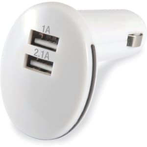 A white USB car charger with two ports, labeled 1A and 2.1A, featuring a circular design.
