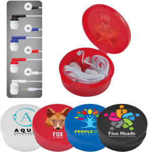 A red circular case contains white earbuds, alongside colourful earbud options in various colours and designs.