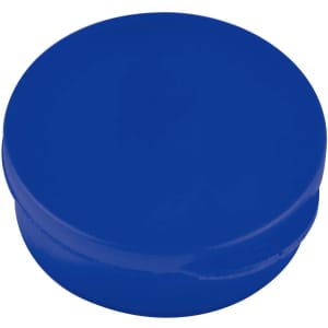 A round blue case designed for storage, likely for small electronic accessories or earbuds.