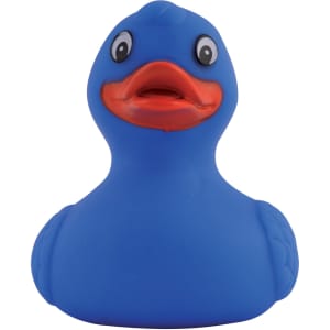 A blue rubber bath duck with a smiling face and bright orange beak.