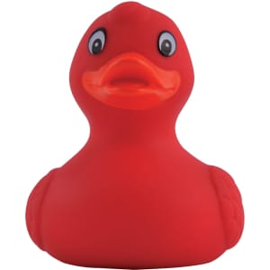 A bright red PVC bath duck with a smiling expression and large eyes, designed for playful bath time.