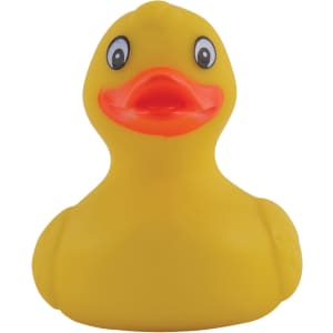 A yellow PVC bath duck featuring a cheerful expression and bright orange beak.