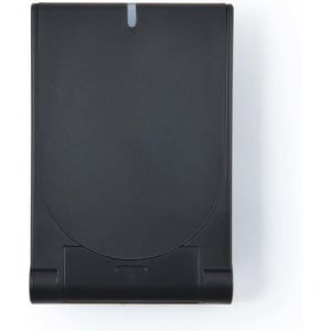 A black wireless charger with a sleek design, featuring a small indicator light at the top.
