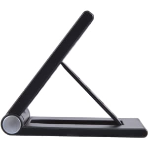 A black wireless charger with a sleek, foldable design and a circular base. It has a minimalist appearance.