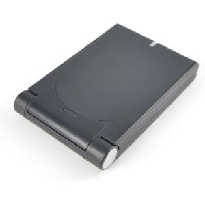 A wireless charger in a sleek black design, featuring a rounded edge and a compact, portable form.