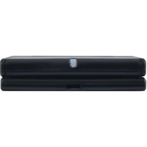 A black wireless charger featuring a sleek design and a logo, with a charging port on the bottom.