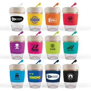 A collection of reusable coffee cups in various colors featuring silicone bands and logos.