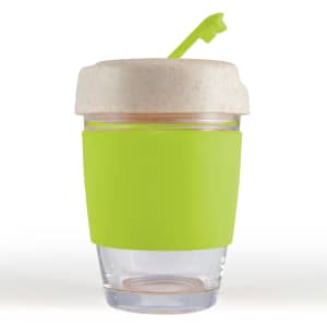 A reusable coffee cup with a clear glass base, a green silicone band, and a speckled lid with a straw.