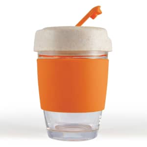 A reusable coffee cup with a clear body and an orange silicone band, topped with a light-colored lid and straw.