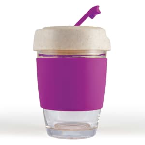 A reusable coffee cup with a purple silicone band and a light-colored lid, featuring a straw and a logo.