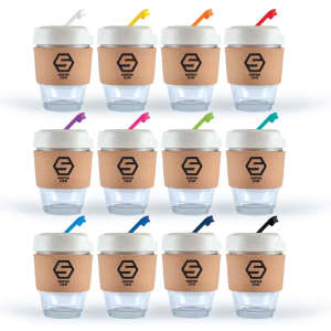 A collection of reusable coffee cups with cork bands and colorful straws in various colors arranged in a grid pattern.