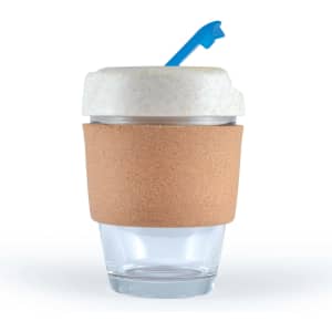 A reusable coffee cup featuring a clear glass body, a cork band for grip, and a white lid with a blue straw.