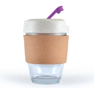 A reusable coffee cup with a transparent base, cork band, and a white lid featuring a purple straw.