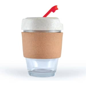 A reusable coffee cup featuring a cork band and a red straw lid, designed for eco-friendly drinkware.