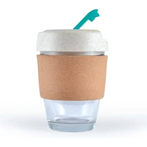 A reusable coffee cup featuring a clear glass body, a cork band for insulation, and a white lid with a green straw.