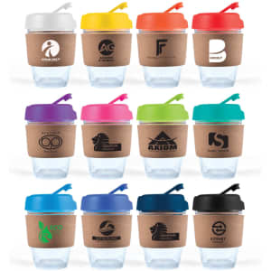 A reusable coffee cup with a cork band, available in various colors including blue, green, orange, and yellow, featuring logos.