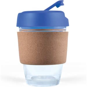 A reusable coffee cup featuring a transparent body, a blue lid, and a cork band for insulation.