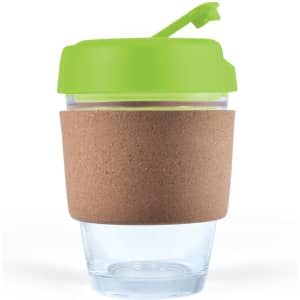 A reusable coffee cup featuring a clear design, a bright green lid, and a cork band for insulation.
