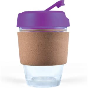 A reusable coffee cup featuring a transparent design with a cork band and a purple lid.