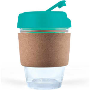 A reusable coffee cup featuring a transparent body, a cork band for grip, and a teal lid with a sippy spout.