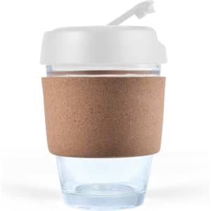 A reusable Vienna Coffee Cup featuring a transparent design with a cork band for grip and a white lid.