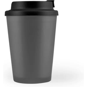 A reusable coffee cup featuring a sleek, matte gray design with a black comfort lid.