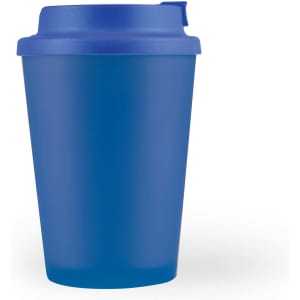 A reusable coffee cup in vibrant blue with a matching comfort lid, featuring a logo on the side.