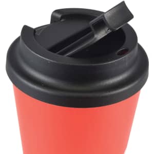 A reusable coffee cup with a bright red exterior and a black comfort lid. The lid features a small opening for sipping.