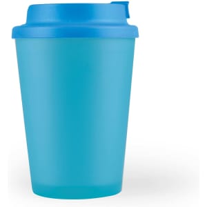 A reusable coffee cup in a translucent blue design with a matching lid. Features a logo.