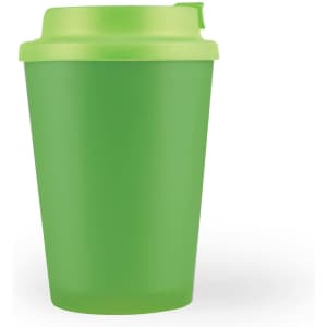 A reusable coffee cup in vibrant green with a matching comfort lid and a logo.