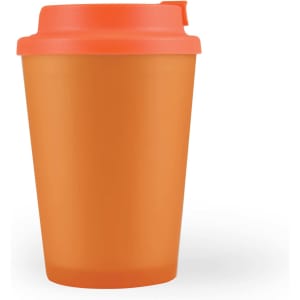 An orange reusable coffee cup with a comfort lid and a smooth finish. It features a logo on the side.