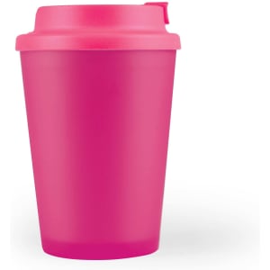 A reusable coffee cup with a bright pink design and a matching comfort lid.