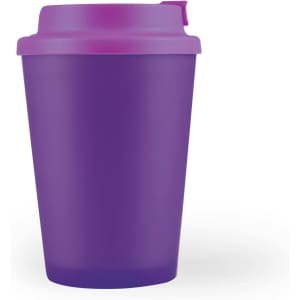 A reusable coffee cup in a vibrant purple color featuring a matching comfort lid.