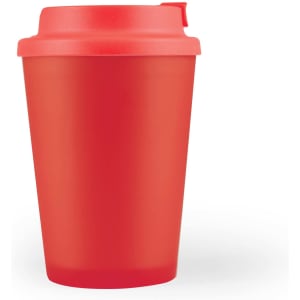 A reusable coffee cup with a red body and matching comfort lid, designed for easy sipping.