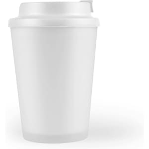 A reusable coffee cup with a comfort lid, featuring a frosted white exterior.