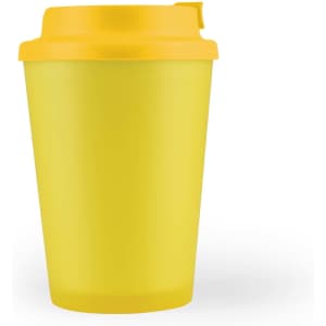 A reusable coffee cup featuring a bright yellow design with a matching comfort lid.
