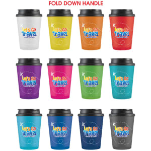 A reusable coffee cup collection featuring various colours, each with a fold-down handle and a logo design.
