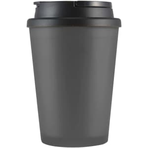 A coffee mug in matte gray with a black handle lid and an integrated logo.
