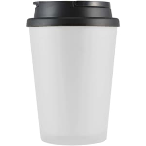 A coffee cup with a translucent white body and a black lid, featuring a logo on the lid.