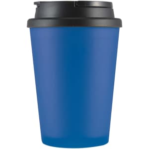 A coffee mug with a vibrant blue body and a black lid, designed for travel and convenience.