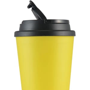 A drinkware item featuring a yellow coffee cup with a black handle lid.