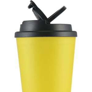 A yellow coffee cup with a black handle lid, featuring a logo on the side.
