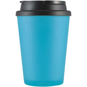 A coffee mug with a translucent blue body and a black handle lid. Ideal for enjoying beverages on the go.
