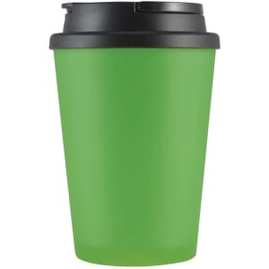 A drinkware coffee mug in vibrant green with a black lid and handle. It features a logo on the surface.